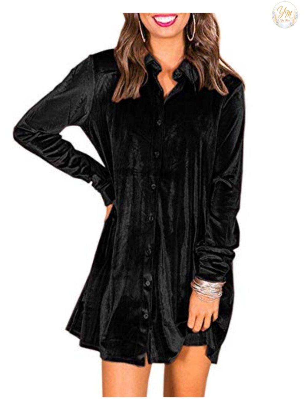 Women's Velvet Button Down Tunic Swing Mini Dress Long Sleeve